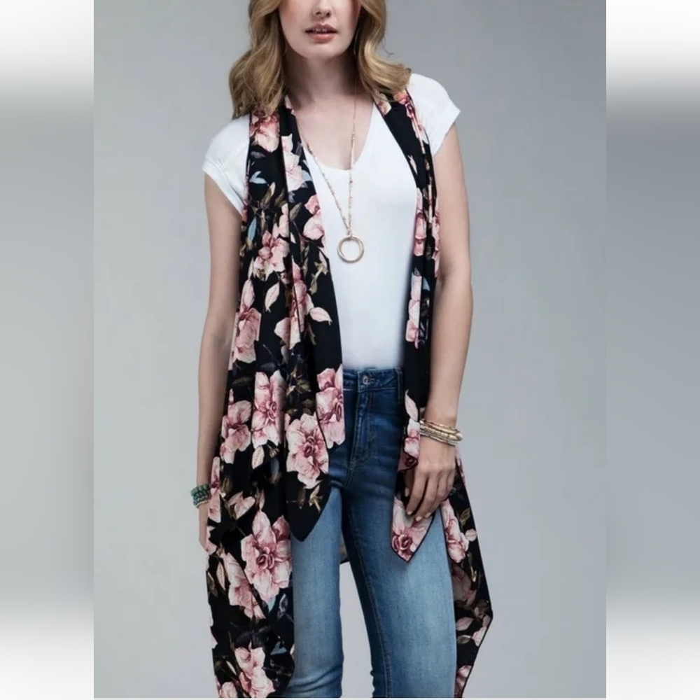 Ruggine Black Floral Print Kimono Vest or Duster